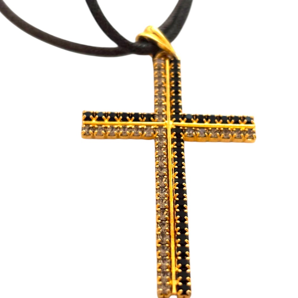Gold Tone Micro Pave Black and Clear Crystal Cross Cord Necklace